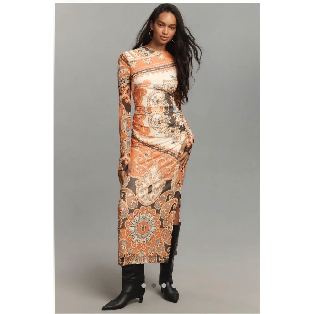 Farm Rio for Anthropologie Mesh Paisley Ruched Midi Dress Orange Cream XS